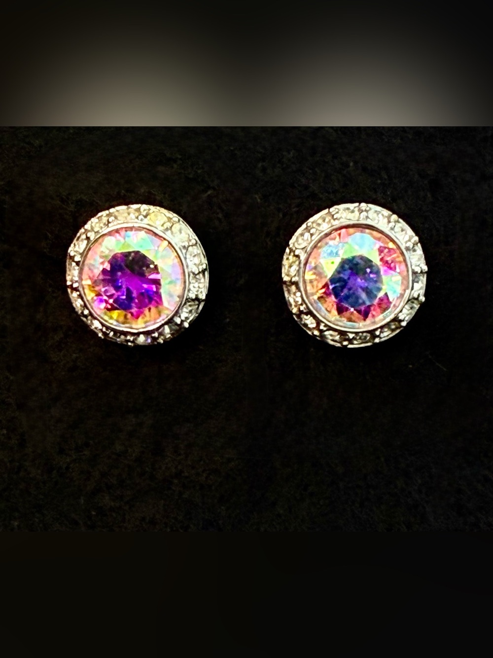 Iridescent Center and Clear Halo Crystal Round Stud Pierced Earrings, NWOT